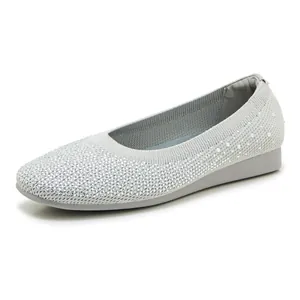 Elegant light grey knit ballet flats for women with sparkling silver rhinestone embellishments