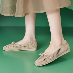 Beige knitted ballet flats with bow detail and soft breathable sole for women