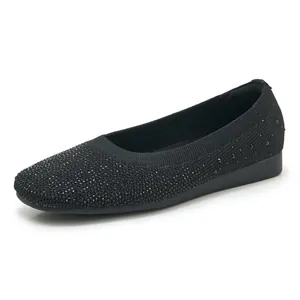 Women's black pointed-toe flat shoes with sparkling rhinestones and knitted mesh fabric