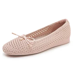 Pink knitted bow ballet flats with hollow design and comfortable low wedge rubber sole