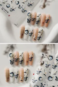 Detail of TS-2276 3D embossed nail stickers featuring traditional ink floral patterns