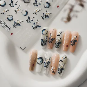 3D Relief Chinese Ink Wash Nail Art Stickers White Flower Blue Ink Design Self-Adhesive Nail Decals DIY Manicure Jewelry