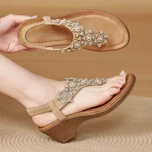 Women's rhinestone flower wedge sandals with pearls and comfortable elastic backstrap