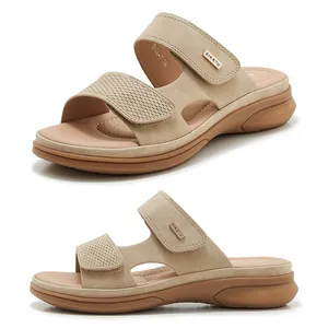 Women beige wedge heel sandals with textured straps and comfortable platform soles