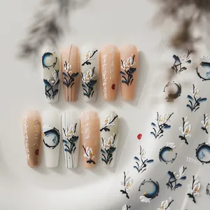 Japanese 3D nail art stickers with ink wash style and embossed white flower design