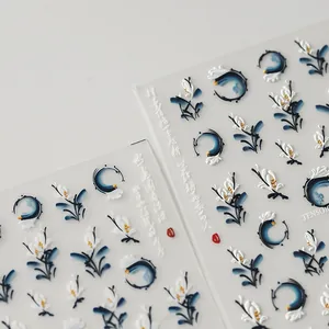 3D embossed nail art stickers with traditional Chinese ink flower and wave patterns