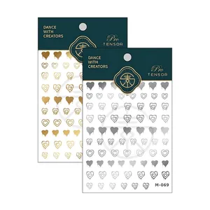 3D bronzing heart nail stickers in gold and silver, model M-069, adhesive nail art decals