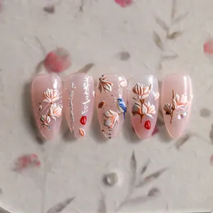 Elegant 5D embossed magnolia flower nail stickers with 3D bird and Chinese calligraphy