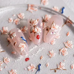 5D embossed nail art stickers with white magnolia flowers and blue birds in 80-100 chars