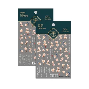 5D embossed nail art stickers with white magnolia flowers and blue birds motifs