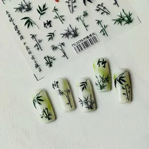 Ink wash bamboo nail art stickers TS-2579 with green leaves and calligraphy elements