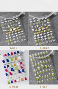 Detailed 3D relief nail stickers featuring bears, tulips and rainbow patterns