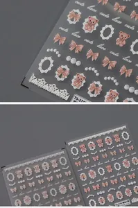 Macro shot of 5D embossed nail stickers featuring cute lace teddy bear and pink bow designs