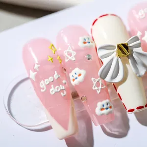 Pink and white long trapezoid nail art stickers with 3D bows and cloud patterns