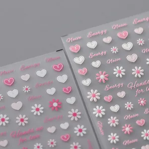 3D Relief Nagelkunst Aufkleber Herz Gänseblümchen Muster Selbstklebend Pink Weiß Süßer Stil Nageldekorationen Für Damen