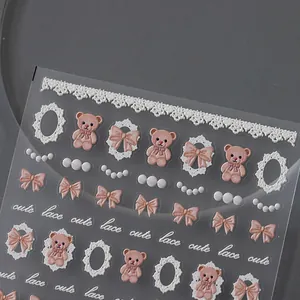 5D Embossed Nail Art Stickers Sweet Lace Bear Bow 3D Self Adhesive Nail Decals For Women DIY Manicure Decoration Professional Nail Art Accessories