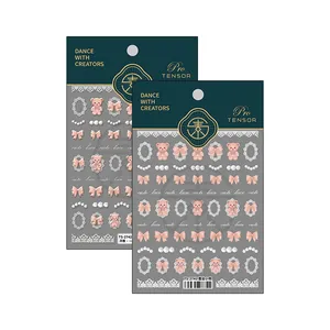 5D embossed nail stickers featuring cute lace bears and white pearls set of two