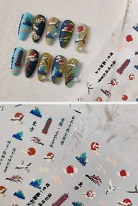 Detailed view of Chinese landscape nail stickers featuring cranes and mountains on tips
