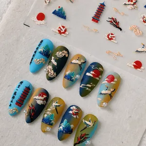 Chinese landscape 5D embossed nail stickers featuring cranes and clouds patterns