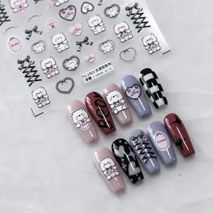 Japanische 5D Geprägte Nagelkunst Aufkleber Romantische Bär Herz Schleife Muster Selbstklebende PET Stereo Maniküre Dekoration Für Damen DIY Salon Nägel