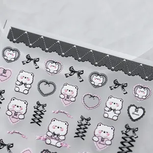 5D-Relief-Nagelsticker mit Bären, schwarzen Schleifen und Herzen im Gothic-Stil