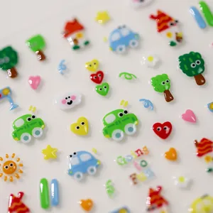 3D cartoon nail art stickers with glossy resin finish featuring colorful house and car icons