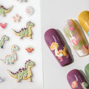 3D embossed cartoon dinosaur nail stickers with colorful floral and heart patterns