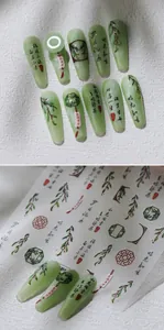 Detail of Chinese style nail stickers featuring green jade texture and floral patterns