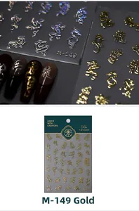 Macro detail of 5D gold embossed Chinese dragon nail stickers with holographic textures