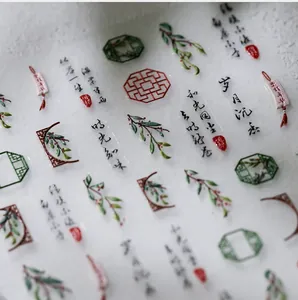 Detailed view of Chinese calligraphy and floral patterns on thin matte nail stickers