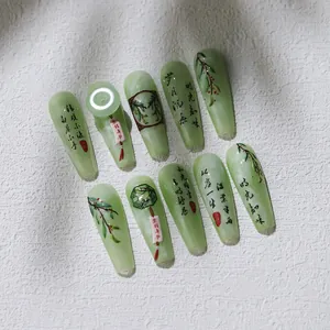 Japanese style green nail stickers with calligraphy and botanical illustrations