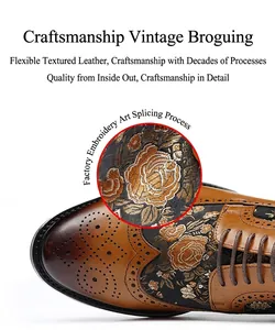 Detailed close-up of brown leather Brogue shoes with traditional embroidery stitching