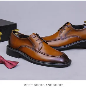 Detailed view of men's brown leather derby shoes with vintage burnished toe finish