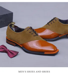 Detalle de zapatos de hombre con ante marrón y cuero charol naranja brillante elegante