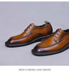 Detail view of premium brown gradient leather dress shoes with elegant shoetree