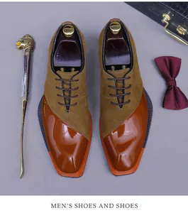 Detalle de zapatos Oxford bicolor para hombre en ante y cuero brillante pulido