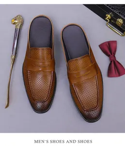 Draufsicht auf karamellbraune hohle Leder-Loafer-Pantoletten mit atmungsaktivem Design