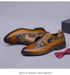 Detail of Brogue dress shoe featuring caramel leather with gold floral embroidery