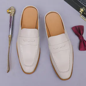Men's handmade beige leather backless loafers mule shoes with classic moccasin stitching