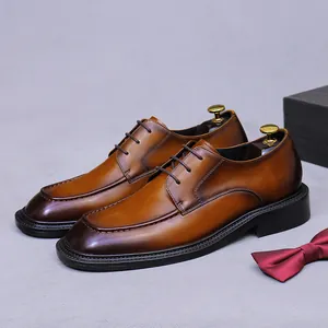 Men's Business Formal Cowhide Leather Shoes British Style Gradient Brown Black Wedding Dress Derby Shoes For Office Banquet