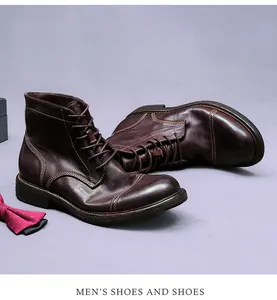 Detailaufnahme hochwertiger brauner Lederstiefel mit klassischer Kappennaht für Herren