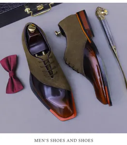 Detalle de zapatos de hombre en ante oliva y cuero marrón con diseño de punta cuadrada
