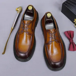 Men's premium brown leather derby shoes with vintage gradient finish and lace-up design