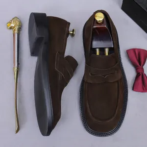 Classic dark brown suede penny loafers for men with rubber soles and round toe