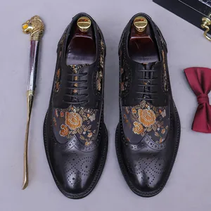 Unisex Genuine Cowhide Leather Brogue Shoes Vintage Floral Embroidery Wingtip Carved Business Formal Shoes