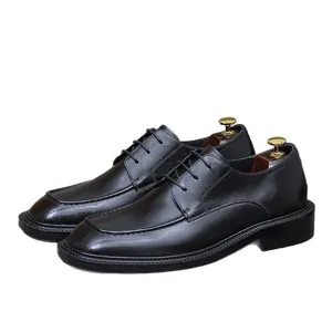 Classic black leather men's Derby shoes with apron toe and premium wood shoe trees