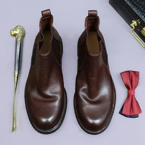 Bottines Chelsea en cuir marron foncé pour hommes avec semelle Goodyear et bande élastique