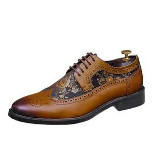 Brown leather Brogue shoes with vintage floral embroidery and burnished toe finish