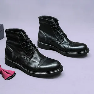 Handgefertigte Goodyear-welted schwarze Rosshaut-Lederstiefel für Herren mit Schnürung