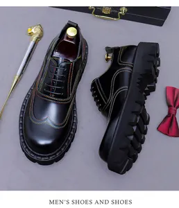 Macro detail of men's leather shoes featuring colorful stitching and thick serrated soles